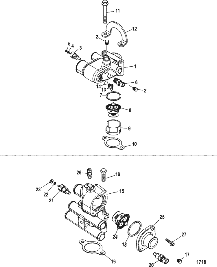 Exploded diagram for Thermostat & Housing(Single & 3 Point Drain)