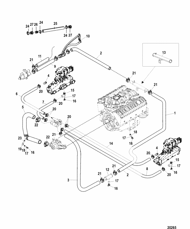 Exploded diagram for Standard Cooling System (Bravo)(7 Point Drain)