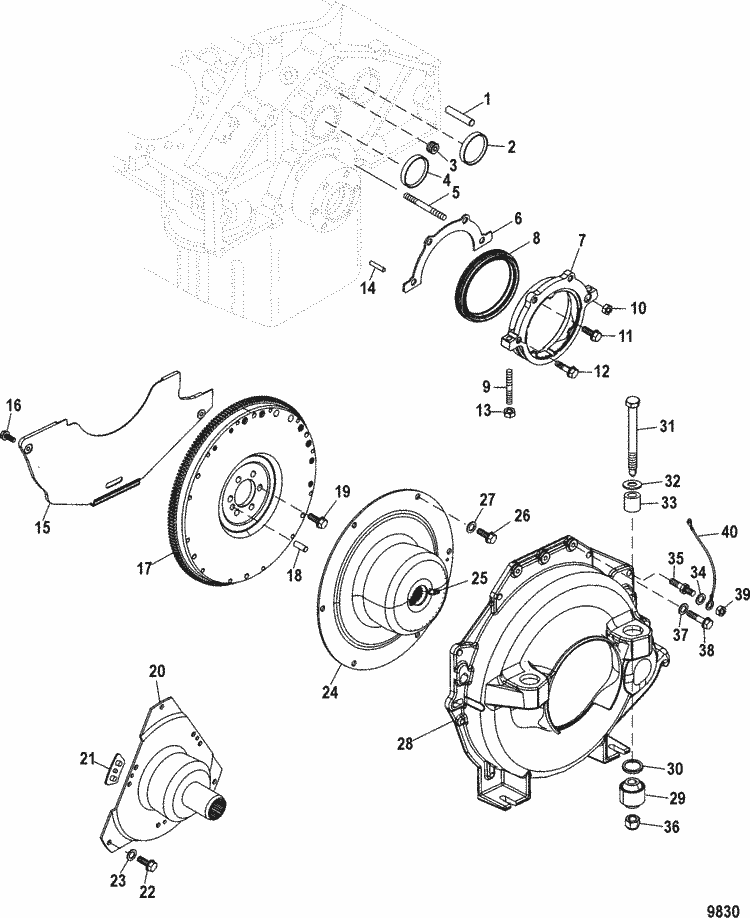 Exploded diagram for Cylinder Block(Flywheel Housing & Rear Main Seal)